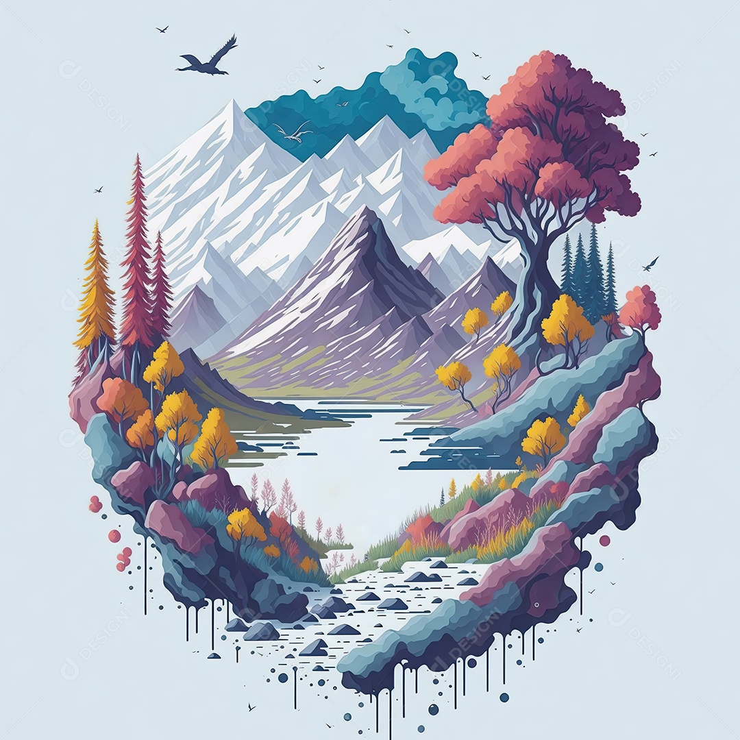 Ilustração aquarela de paisagem colorida com fundo branco