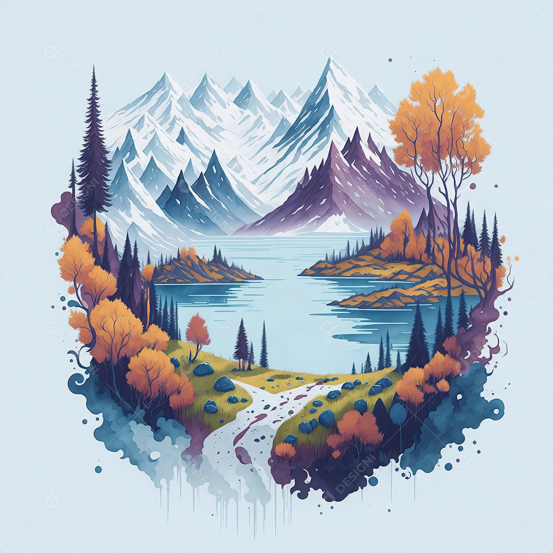 Ilustração aquarela de paisagem colorida com fundo branco