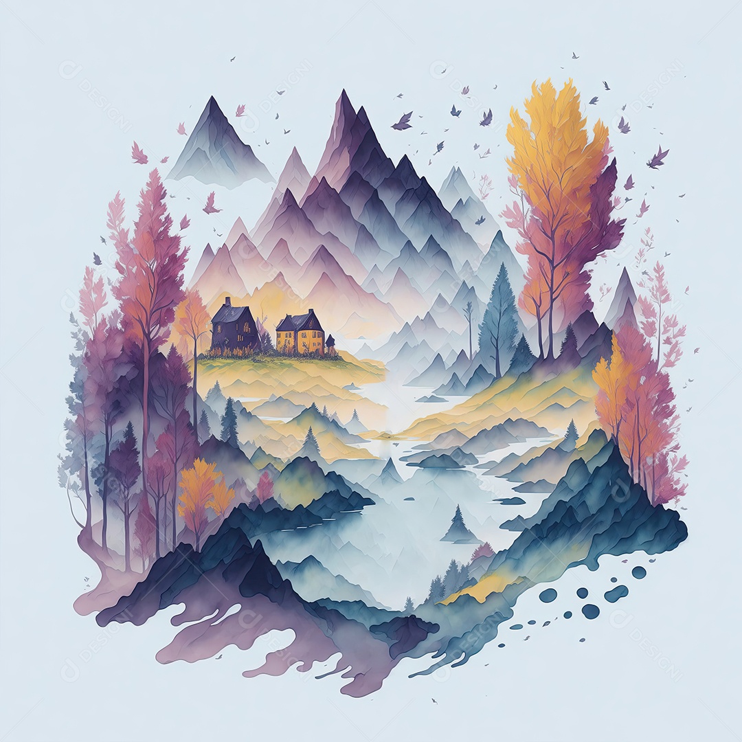 Ilustração aquarela de paisagem colorida com fundo branco