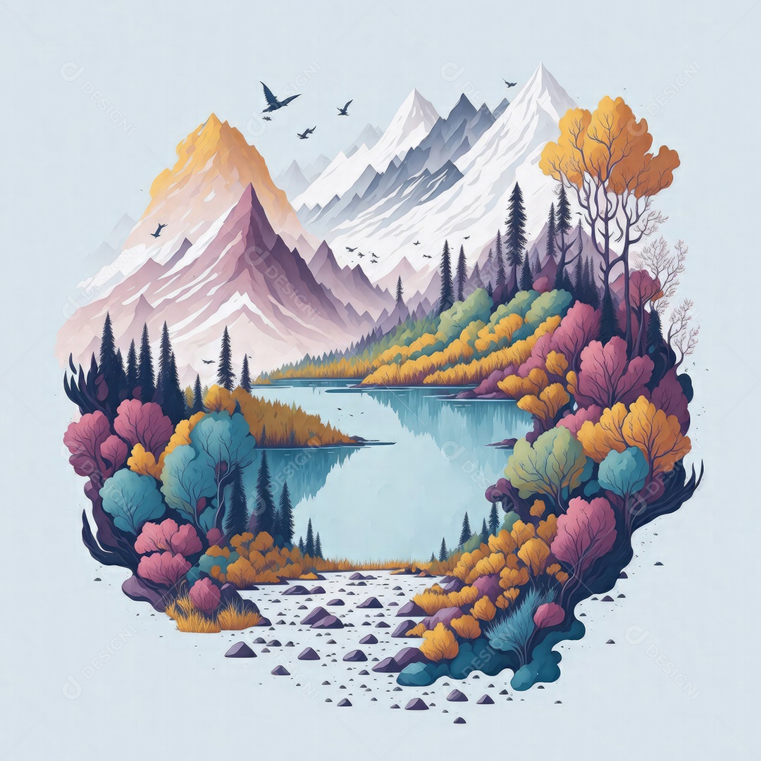 Ilustração aquarela de paisagem colorida com fundo branco