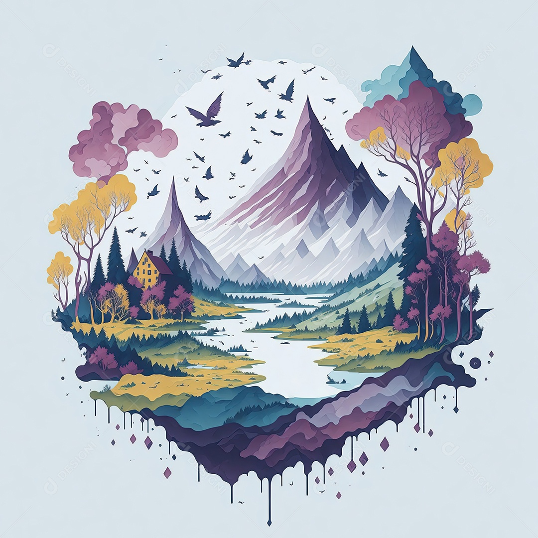 Ilustração aquarela de paisagem colorida com fundo branco