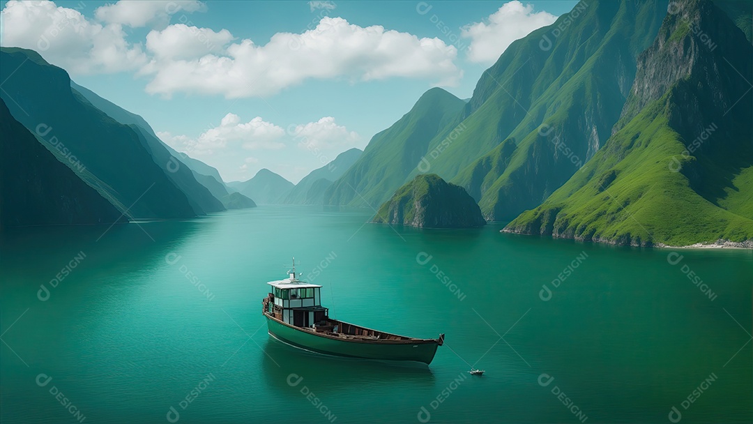 Pequeno barco cercado de montanhas verde-esmeralda e um oceano azul profundo