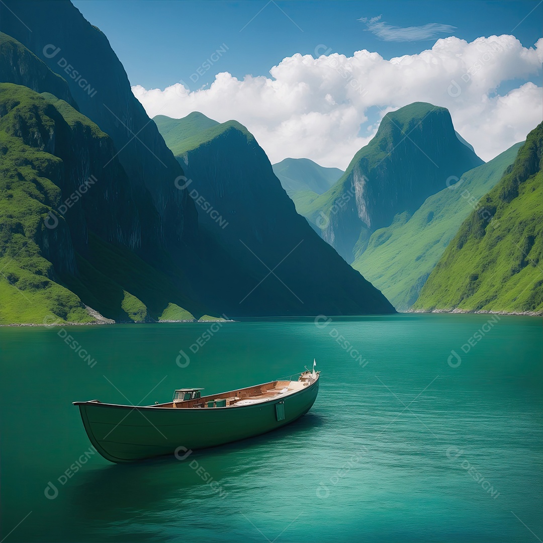 Pequeno barco cercado de montanhas verde-esmeralda e um oceano azul profundo