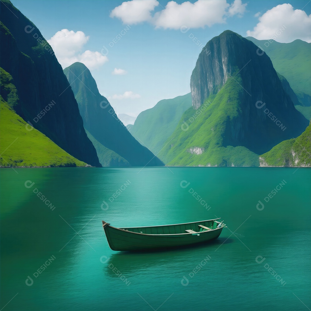 Pequeno barco cercado de montanhas verde-esmeralda e um oceano azul profundo