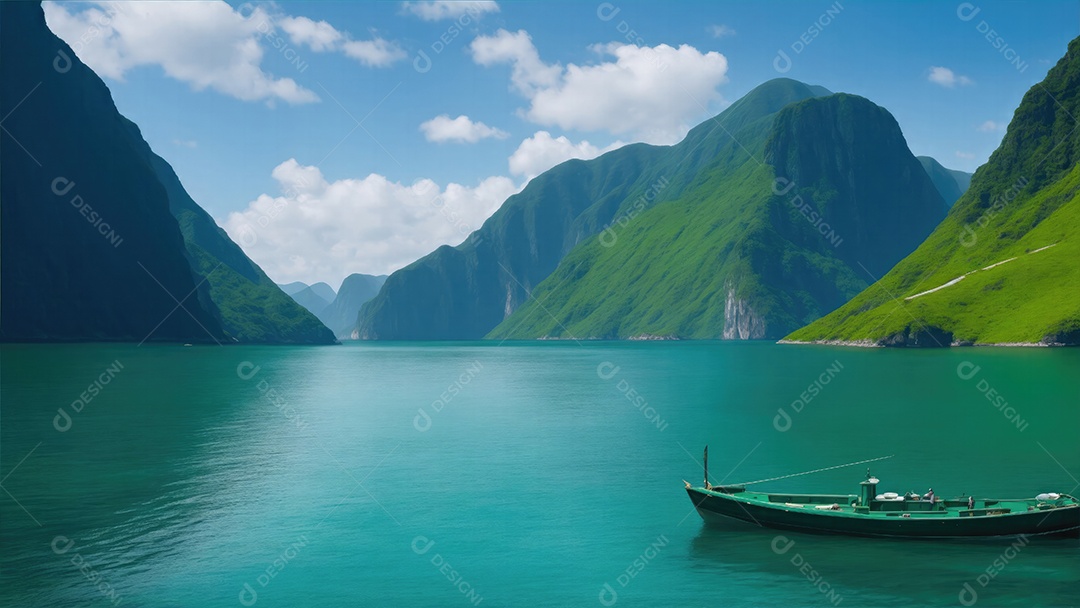 Pequeno barco cercado de montanhas verde esmeralda e um oceano azul profundo