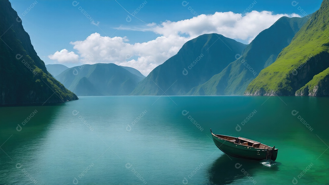 Pequeno barco cercado de montanhas verde-esmeralda e um oceano azul profundo