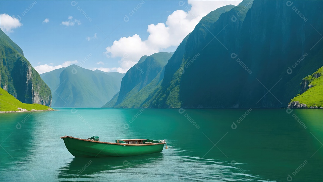 Pequeno barco cercado de montanhas verde-esmeralda e um oceano azul profundo