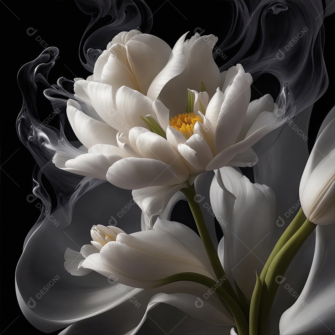 Buquê de tulipa branca abrindo com fumaça