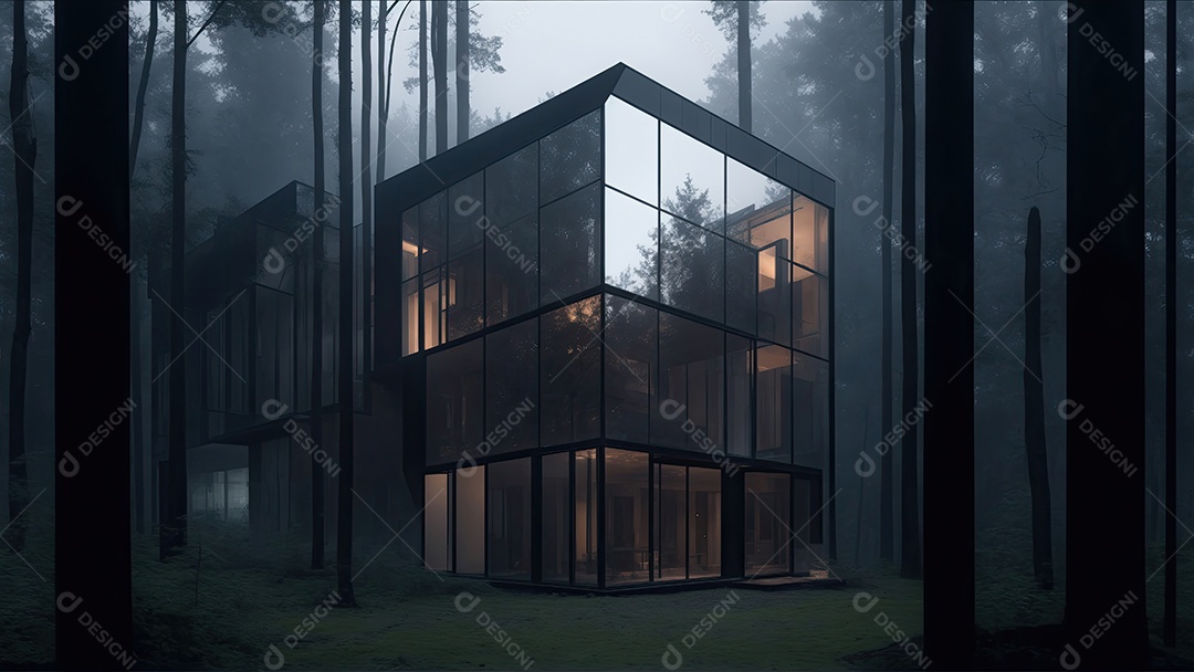 Casa de vidro moderna na floresta densa e nevoenta