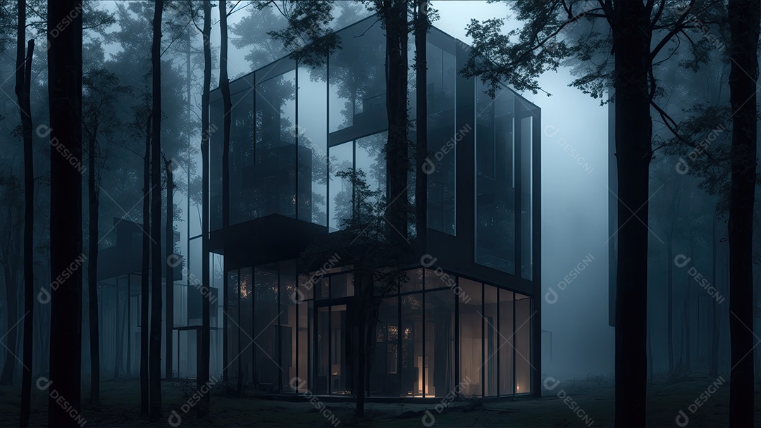 Casa de vidro moderna na floresta densa e nevoenta