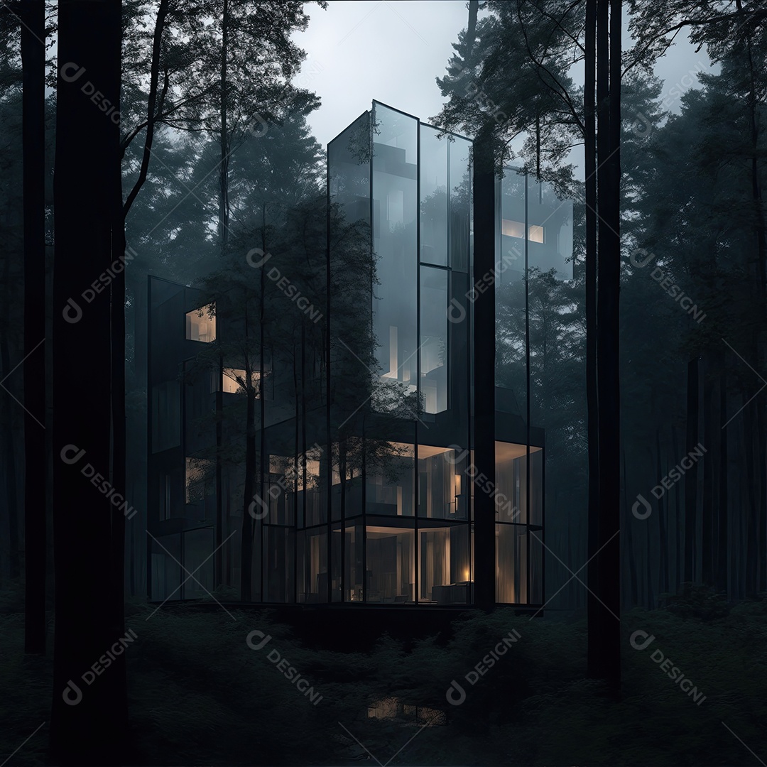 Casa de vidro moderna na floresta densa e nevoenta