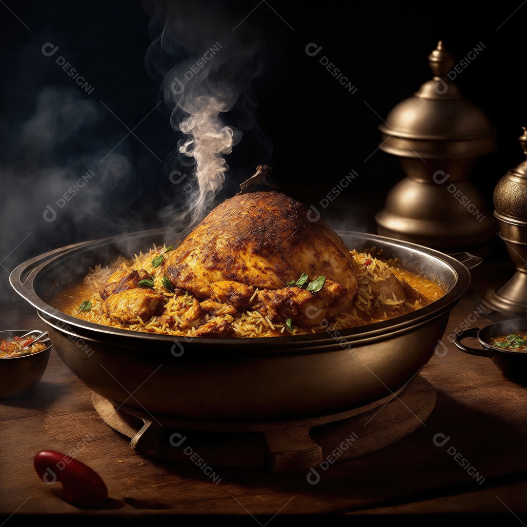 Um suculento biryani de frango com fumaça