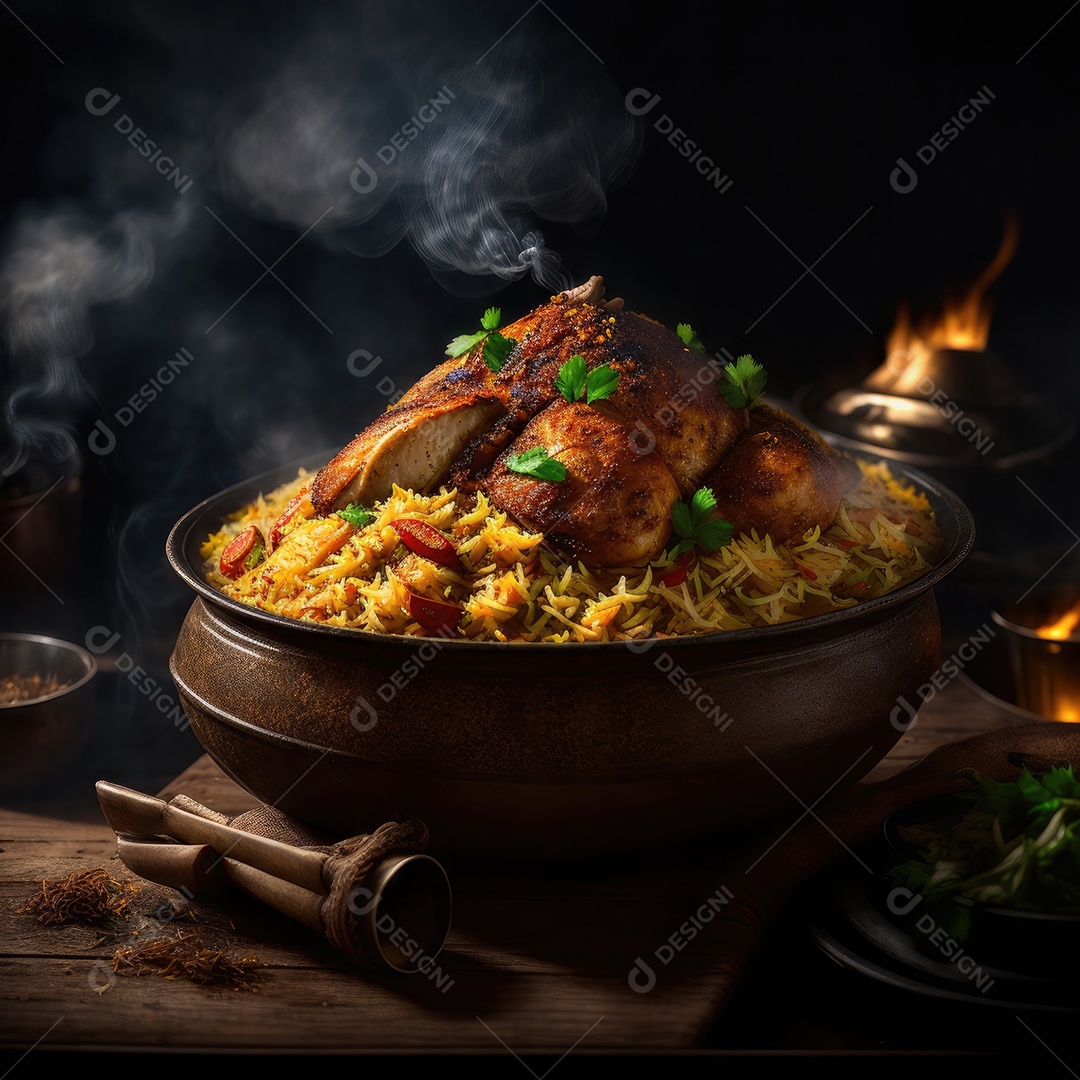 Um suculento biryani de frango com fumaça