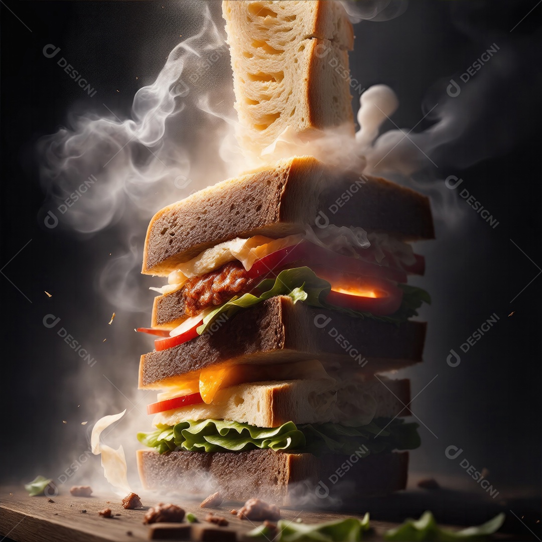 Sanduíche caindo em pedaços suculento com fumaça