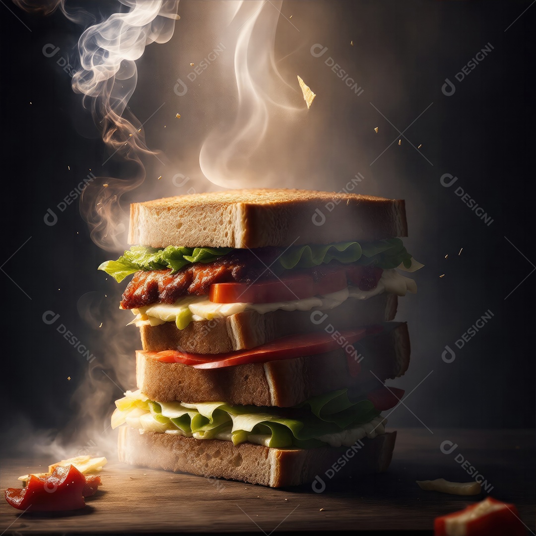 Sanduíche caindo em pedaços suculento com fumaça