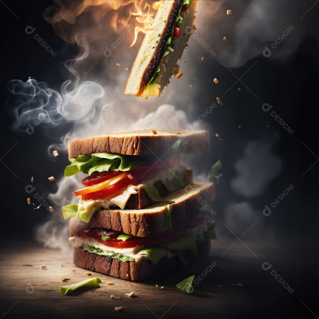 Sanduíche caindo em pedaços suculento com fumaça