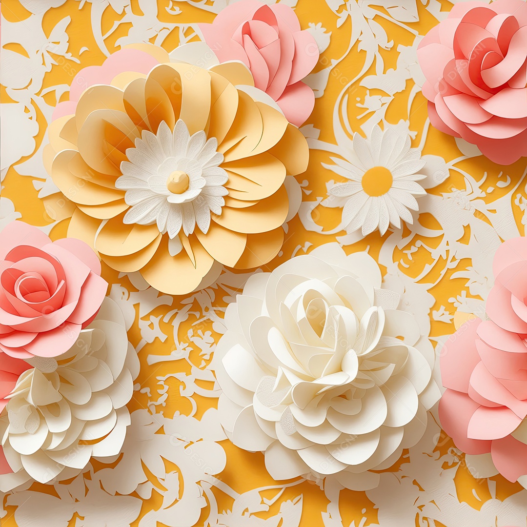 Coral rosa e rosas amarelas em papel estilo de arte padrão perfeito