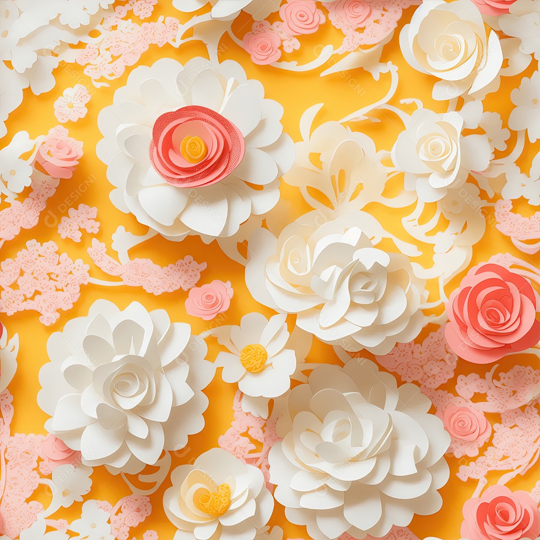 Coral rosa e rosas amarelas em papel estilo de arte padrão perfeito