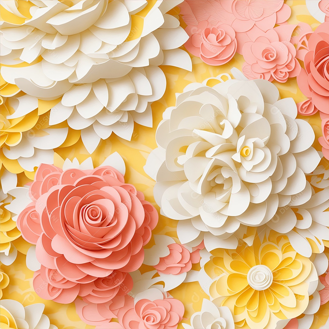 Coral rosa e rosas amarelas em papel estilo de arte padrão perfeito