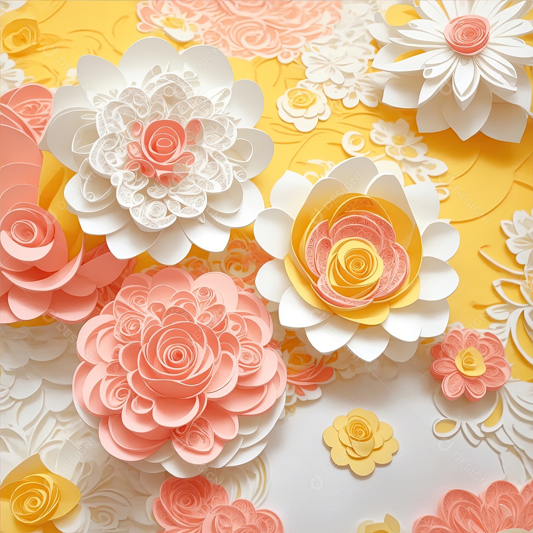 Coral rosa e rosas amarelas em papel estilo de arte padrão perfeito