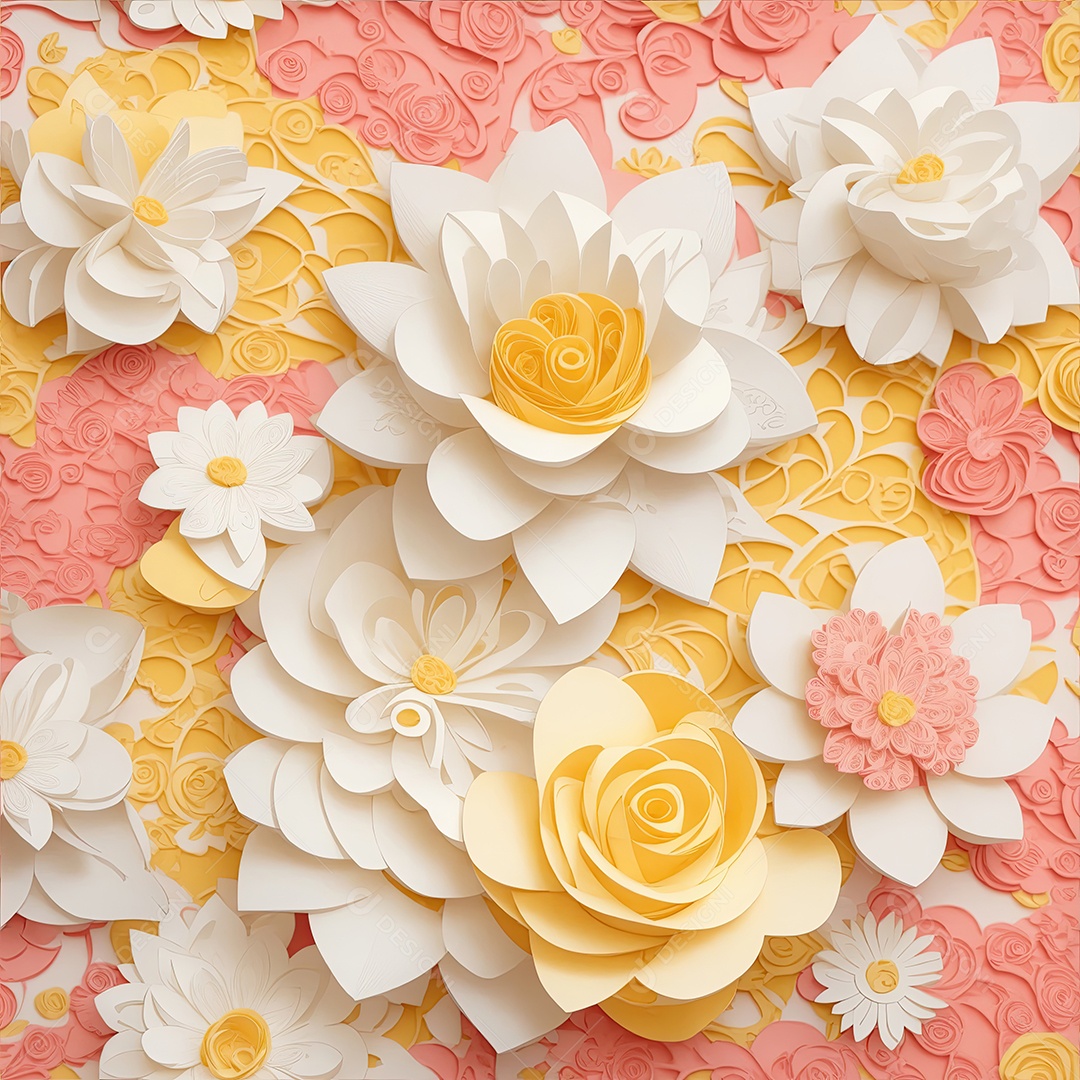 Coral rosa e rosas amarelas em papel estilo de arte padrão perfeito