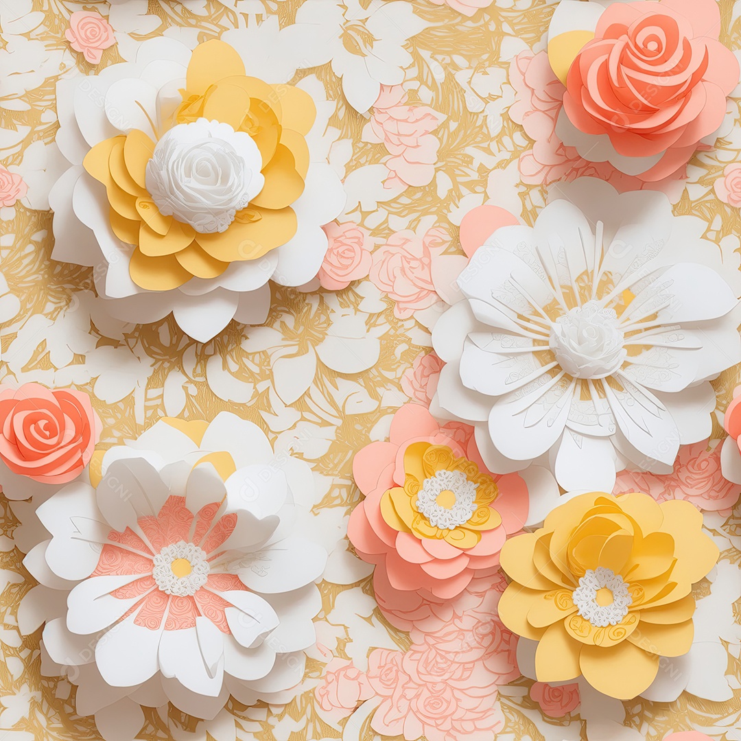 Coral rosa e rosas amarelas em papel estilo de arte padrão perfeito