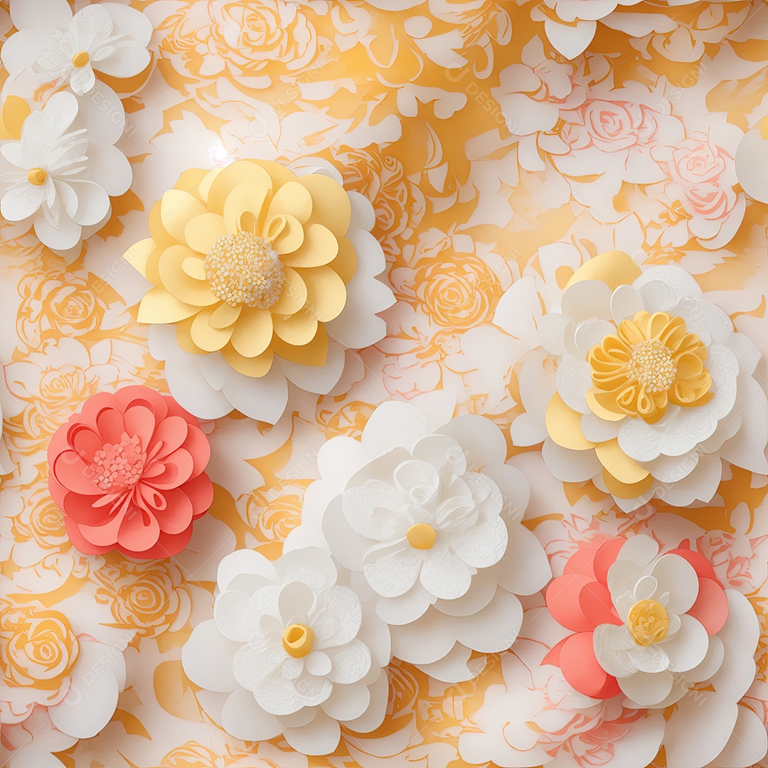 Coral rosa e rosas amarelas em papel estilo de arte padrão perfeito