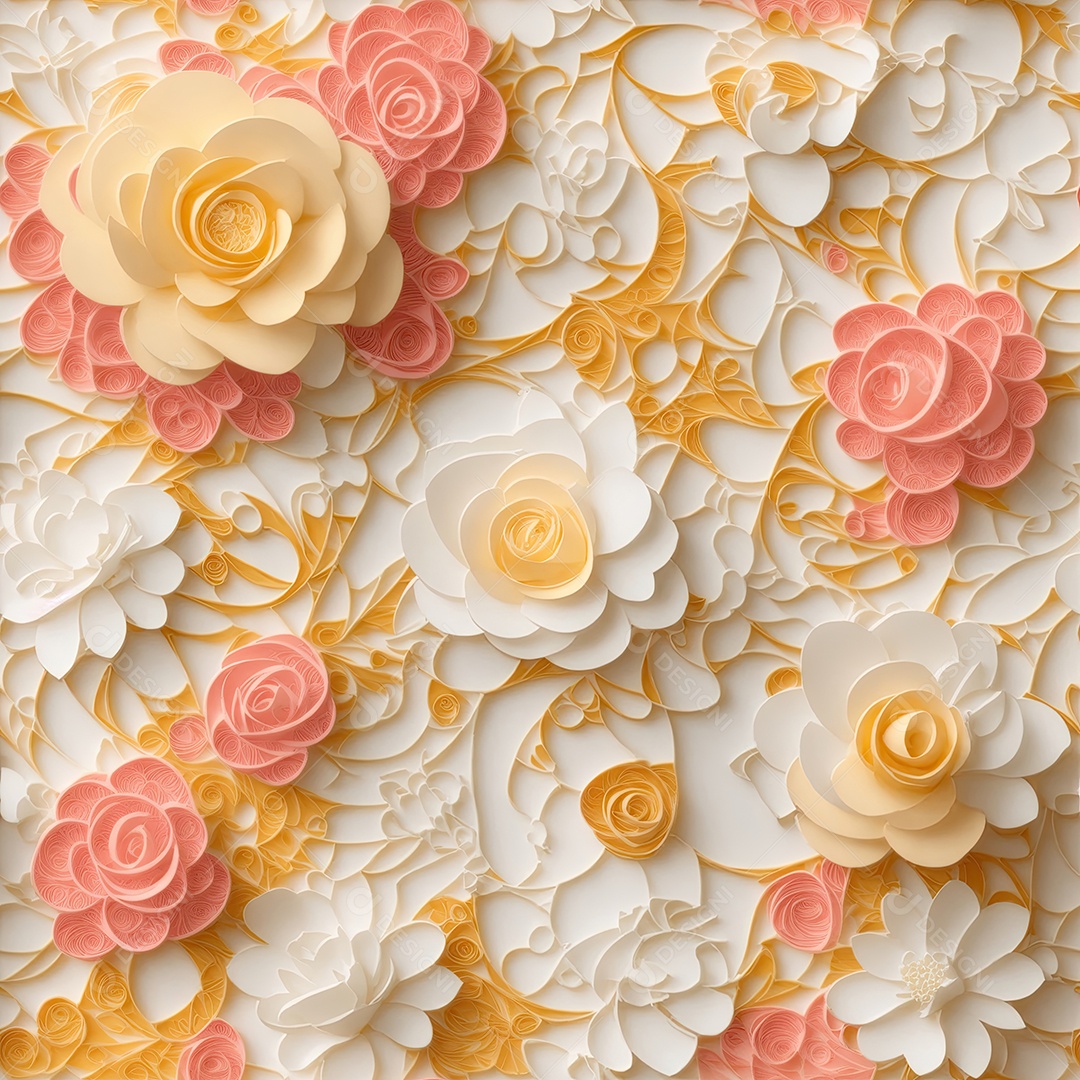 Coral rosa e rosas amarelas em papel estilo de arte padrão perfeito