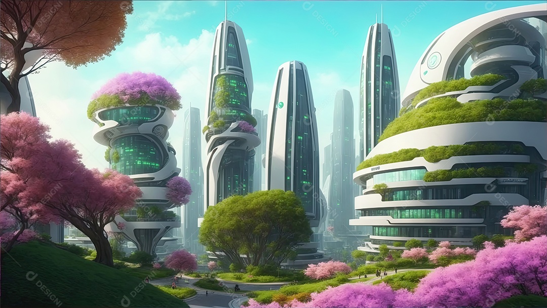 Cidade futurista e ecológica com belas paisagens árvores e flores