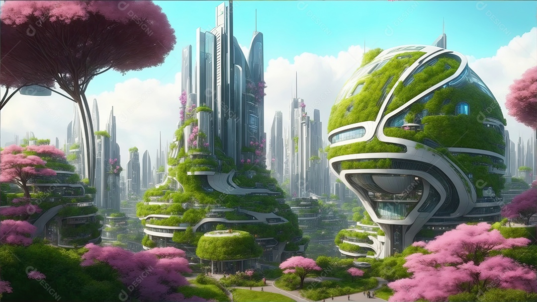 Cidade futurista e ecológica com belas paisagens árvores e flores