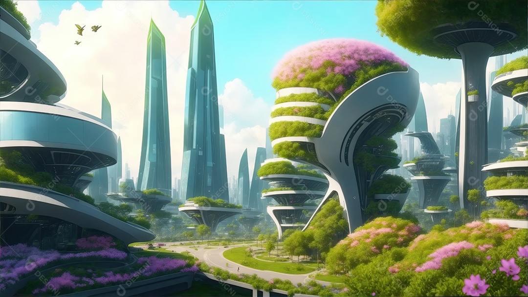 Cidade futurista e ecológica com belas paisagens árvores e flores