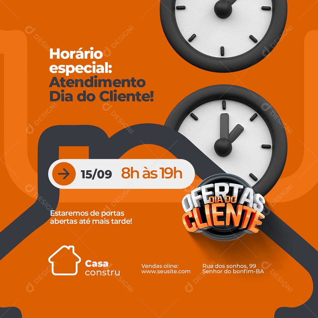 Ofertas Dia do Cliente Construção Horário Especial Social Media PSD Editável