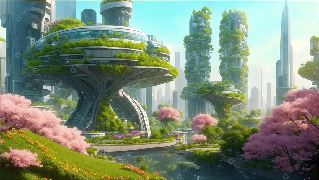 Cidade futurista e ecológica com belas paisagens árvores e flores