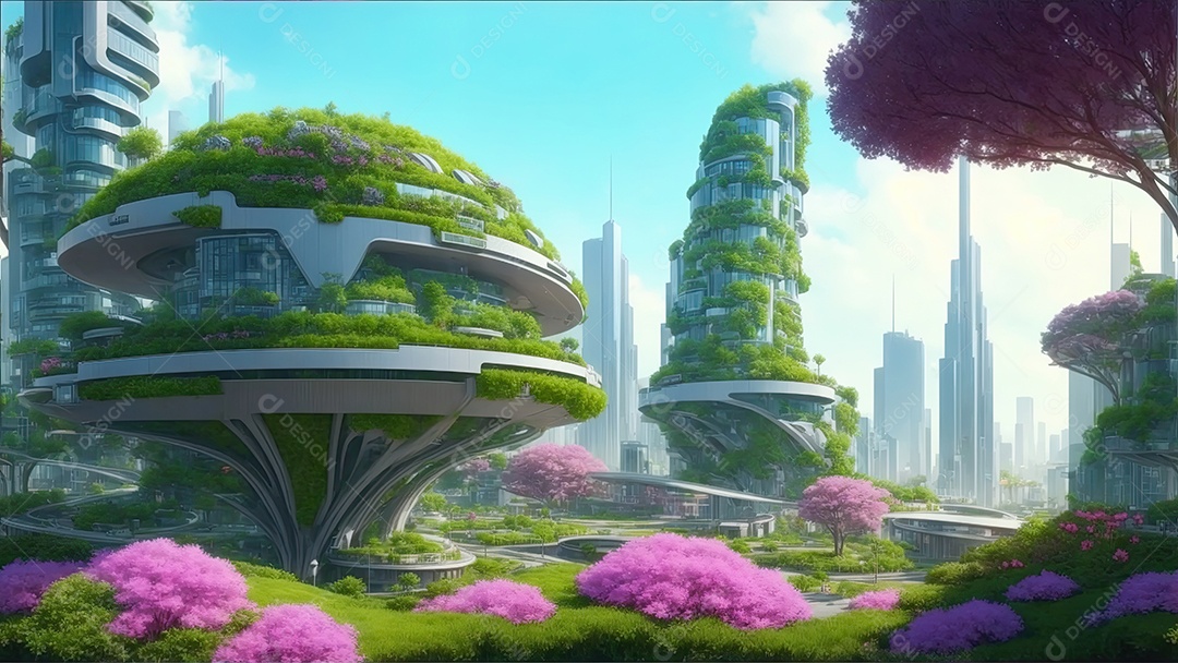 Cidade futurista e ecológica com belas paisagens árvores e flores