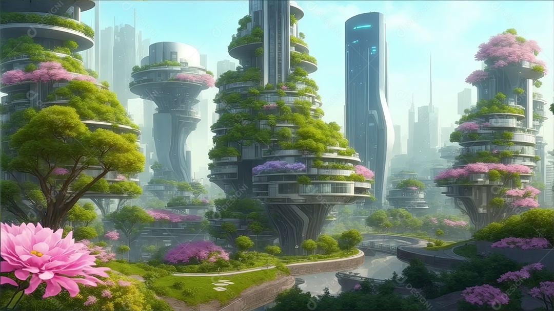 Cidade futurista e ecológica com belas paisagens árvores e flores