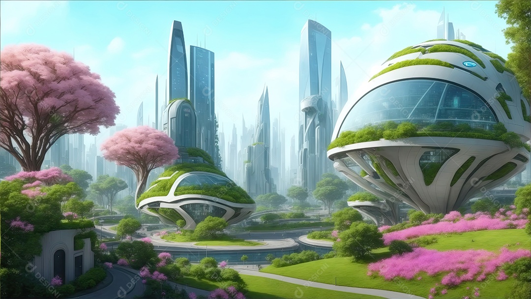 Cidade futurista e ecológica com belas paisagens árvores e flores