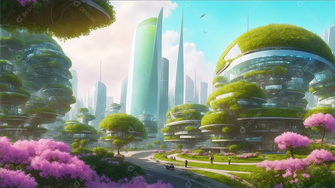 Cidade futurista e ecológica com belas paisagens árvores e flores