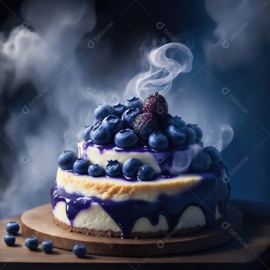 Cheesecake suculento com mirtilos por cima e fumaça