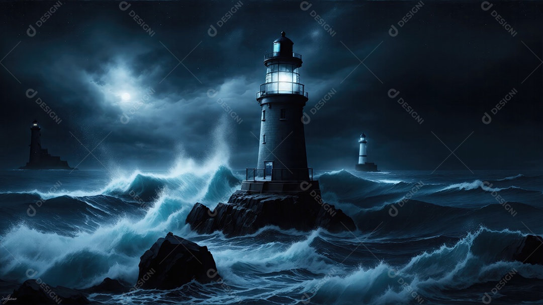 Farol em noite estrelada azul e preta