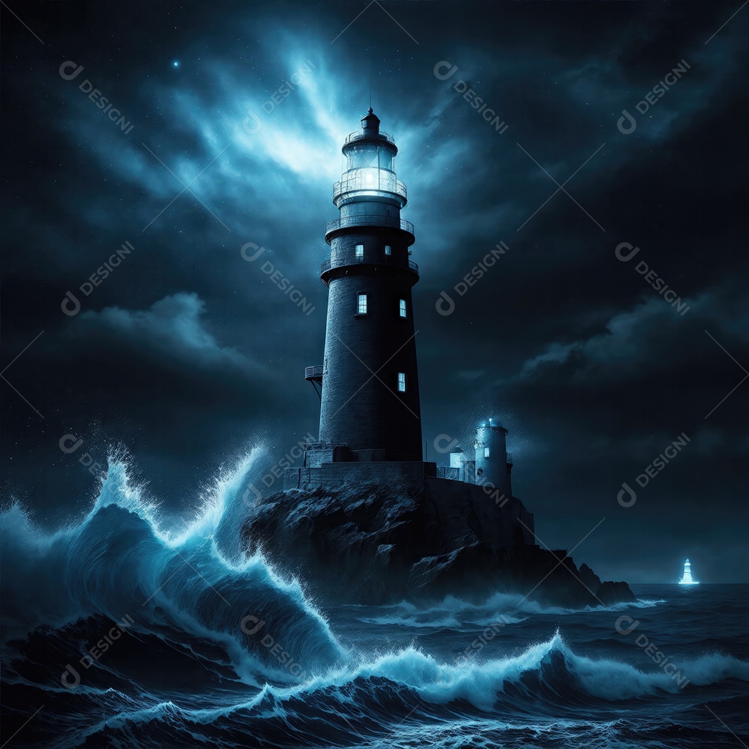 Farol em noite estrelada azul e preta