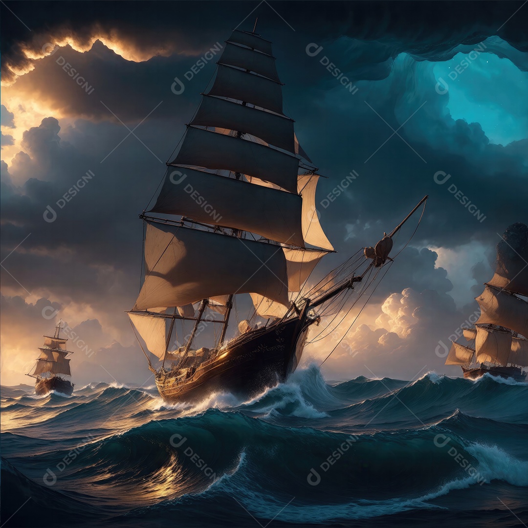 Pintura de paisagem de barco à vela com ondas do mar