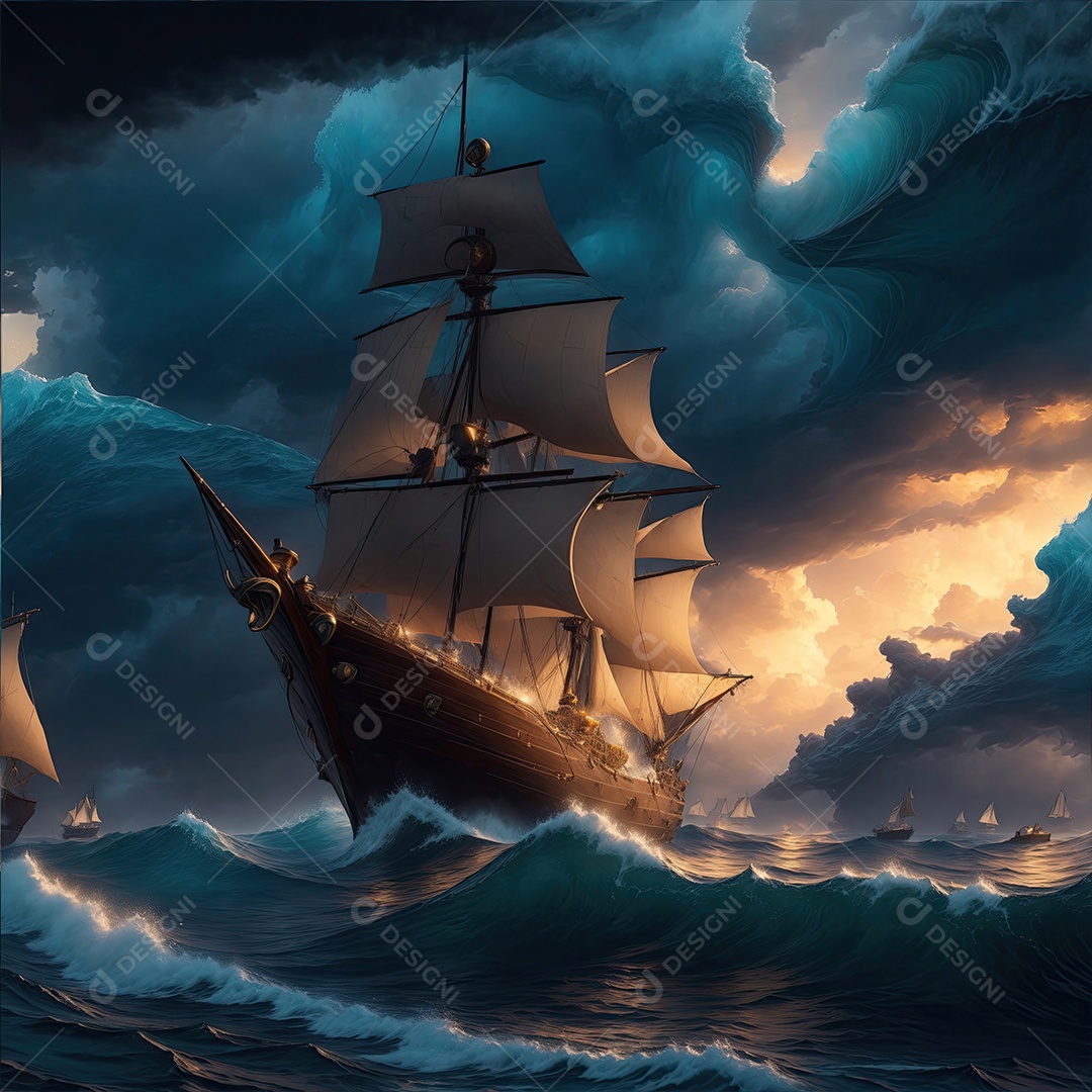 Pintura de paisagem de barco à vela com ondas do mar