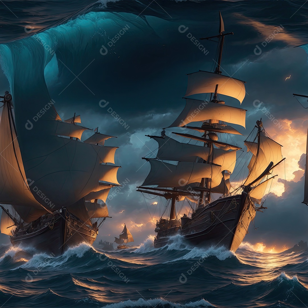 Pintura de paisagem de barco à vela com ondas do mar