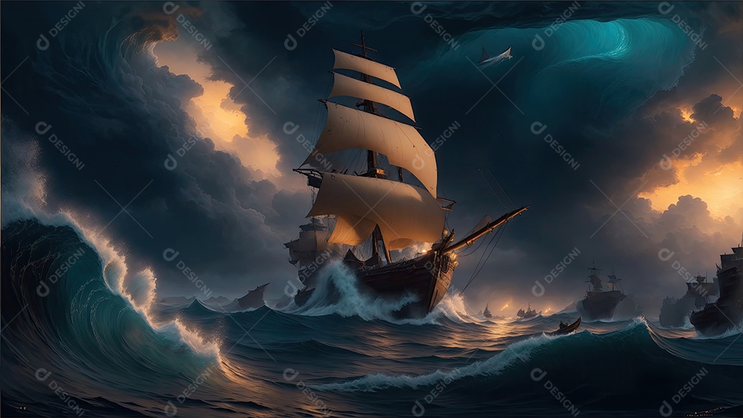 Pintura de paisagem de barco à vela com ondas do mar