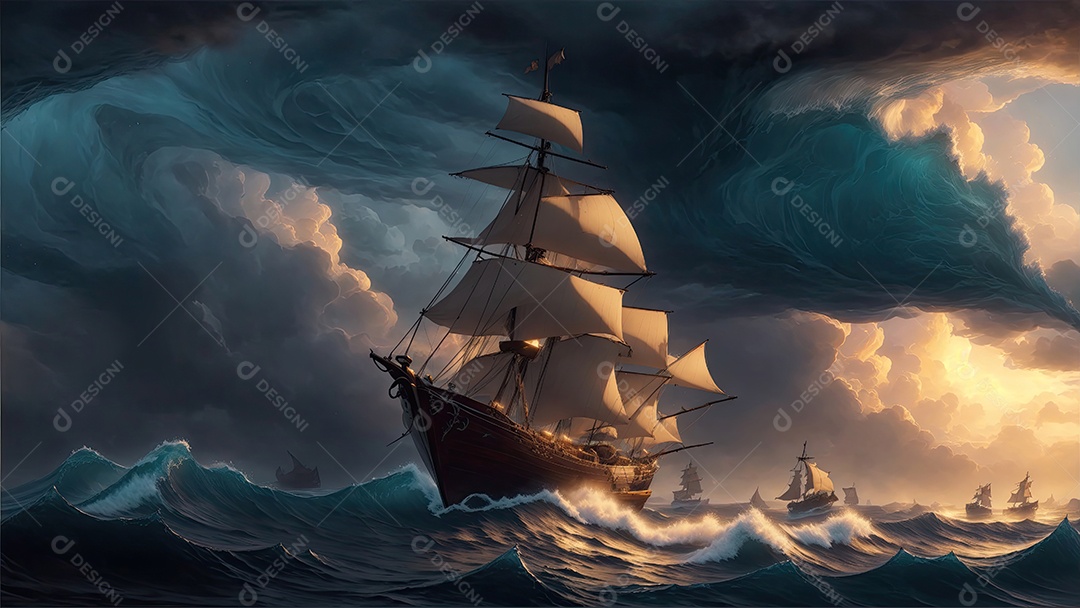 Pintura de paisagem de barco à vela com ondas do mar