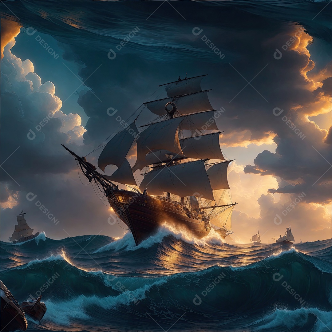 Pintura de paisagem de barco à vela com ondas do mar