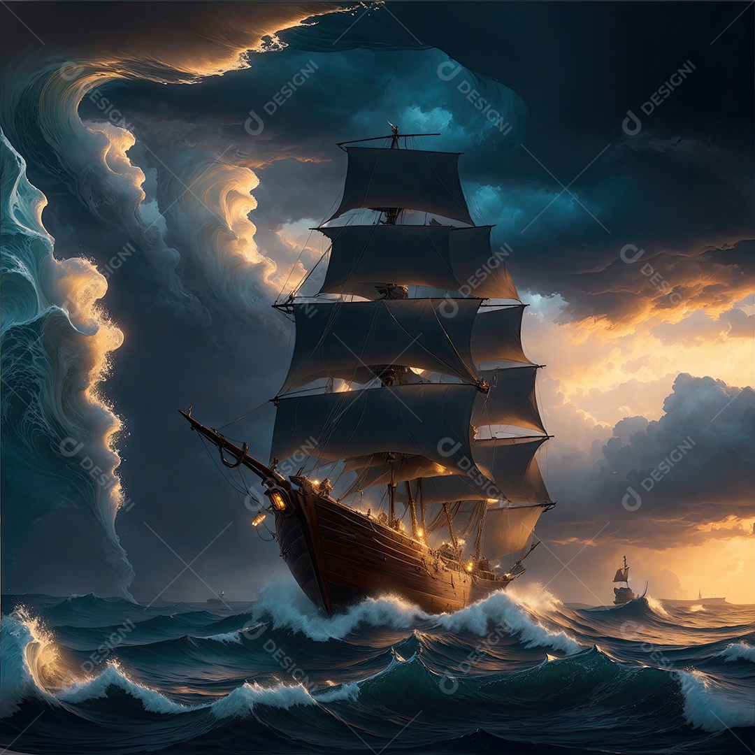 Pintura de paisagem de barco à vela com ondas do mar