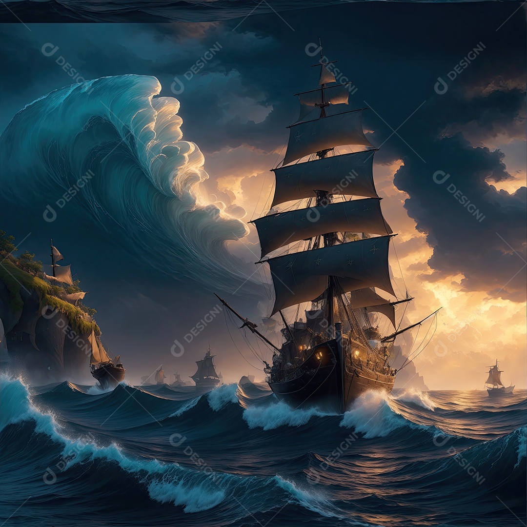 Pintura de paisagem de barco à vela com ondas do mar