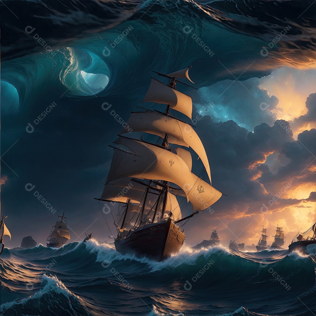 Pintura de paisagem de barco à vela com ondas do mar