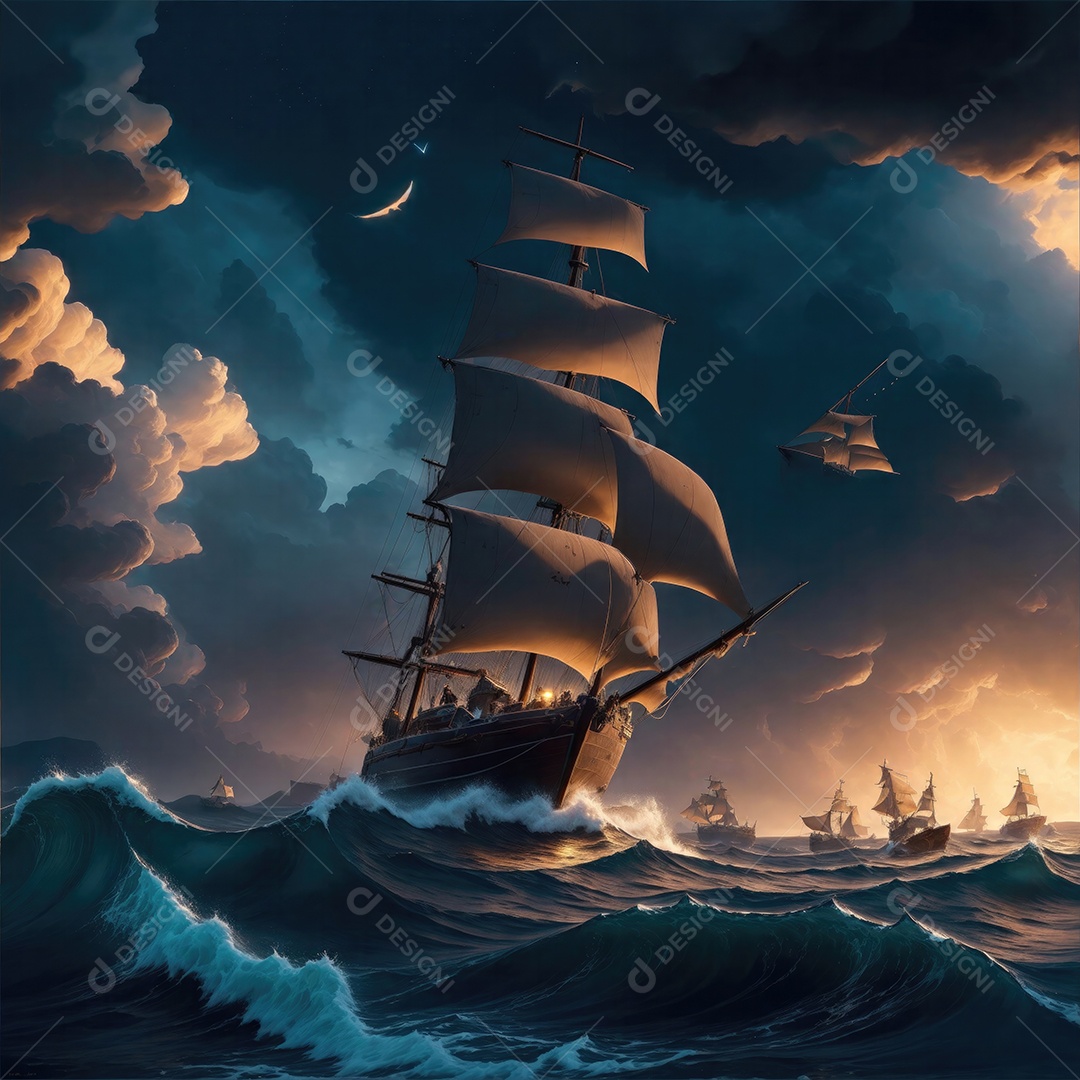 Pintura de paisagem de barco à vela com ondas do mar